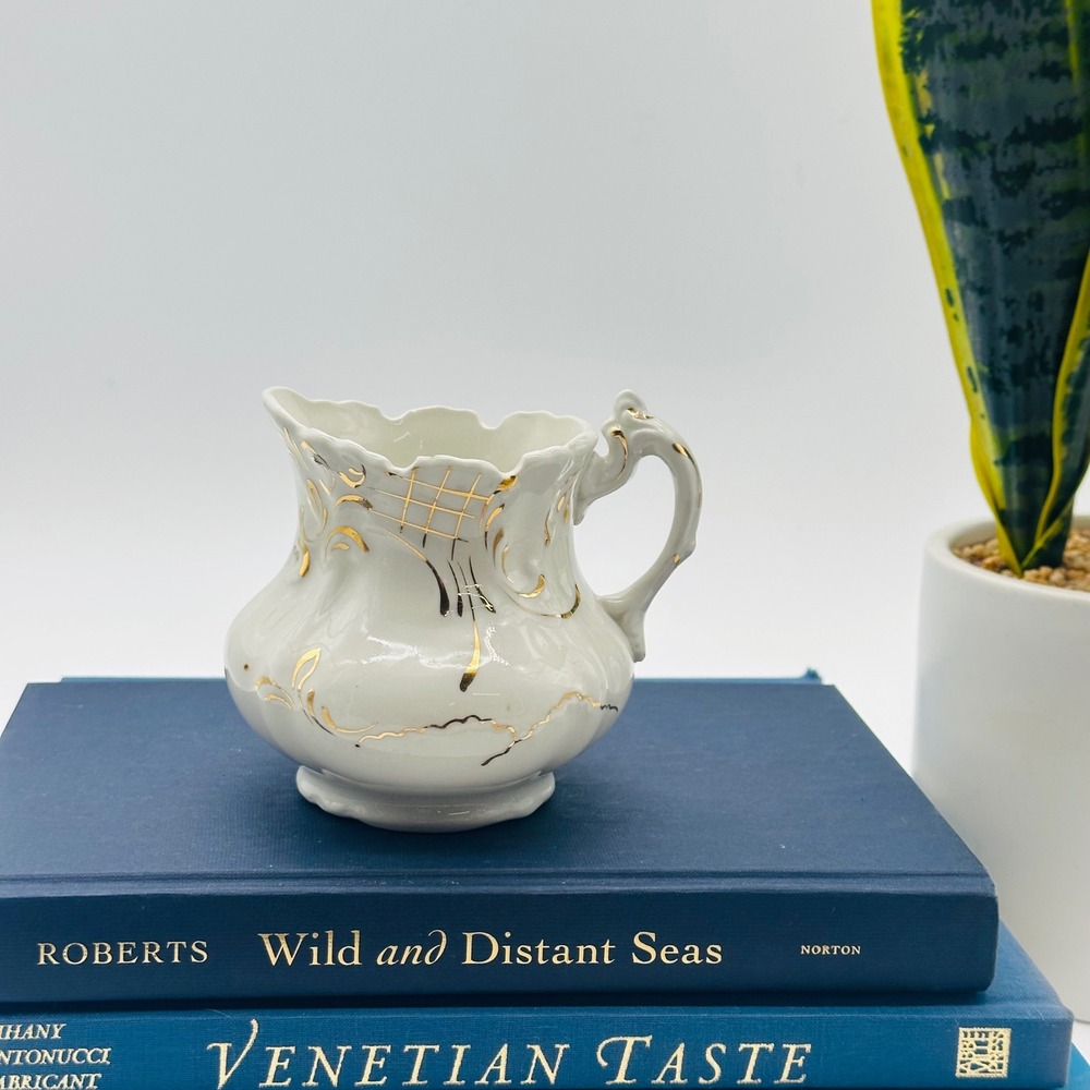 Dresden Vintage Porcelain Creamer‎ Gold Gilt Filigree Scalloped White Pitcher